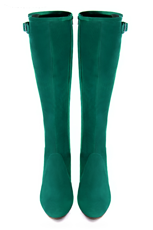 Emerald green women's knee-high boots with buckles. Round toe. High block heels. Made to measure. Top view - Florence KOOIJMAN